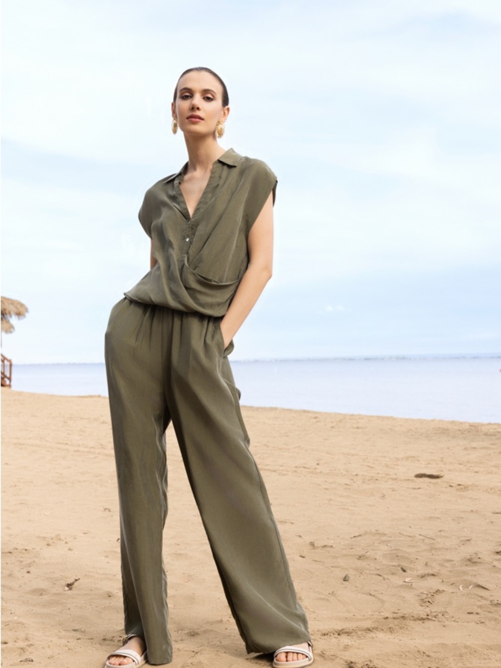 NWT Alison Sheri Khaki Asymmetrical Drape Blouse